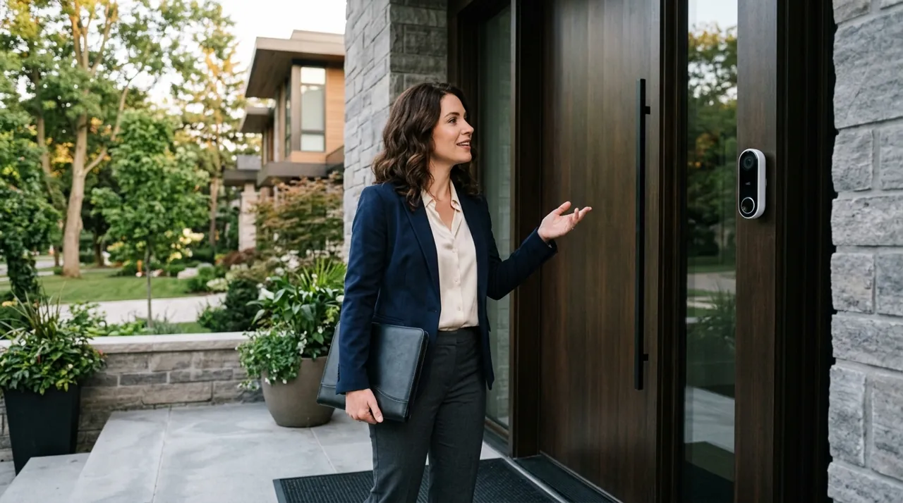 An agent speaking into a doorbell camera