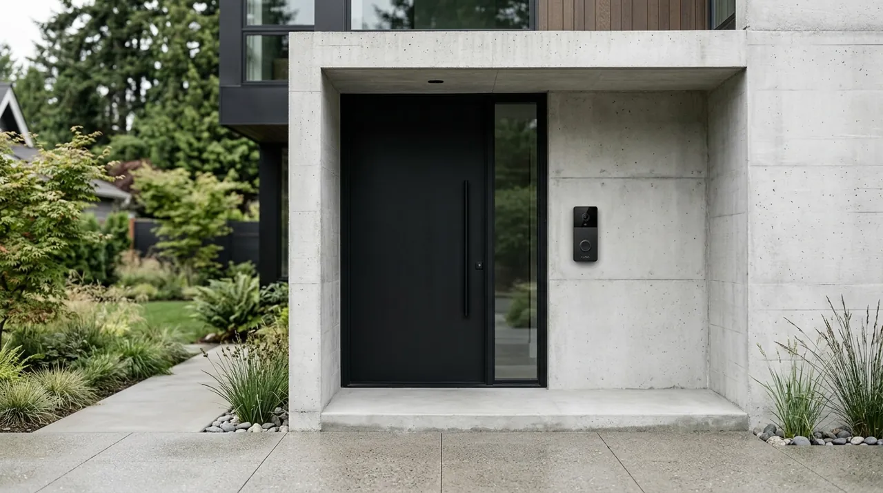 An architectural entrance with a video doorbell
