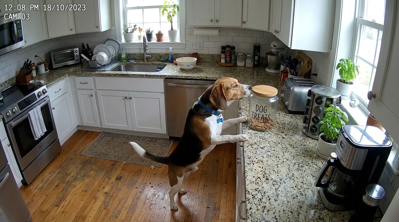 A beagle reaching for a treat jar