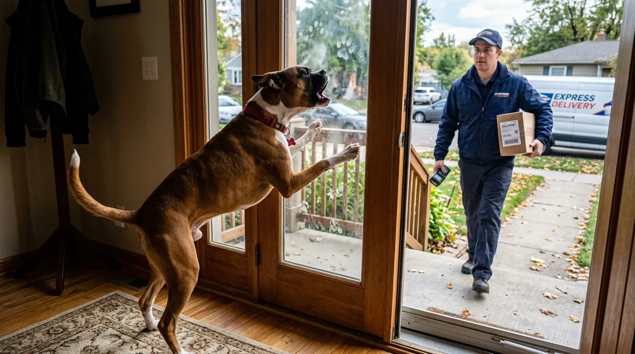 A boxer dog barking at a door