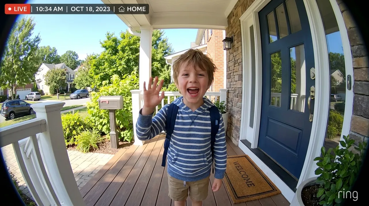 A boy waving at a doorbell camera