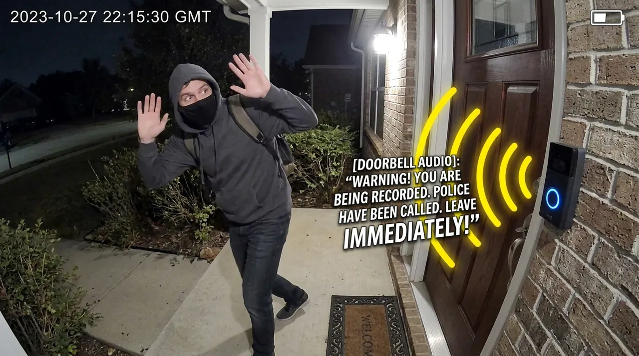 A burglar backing away from a door