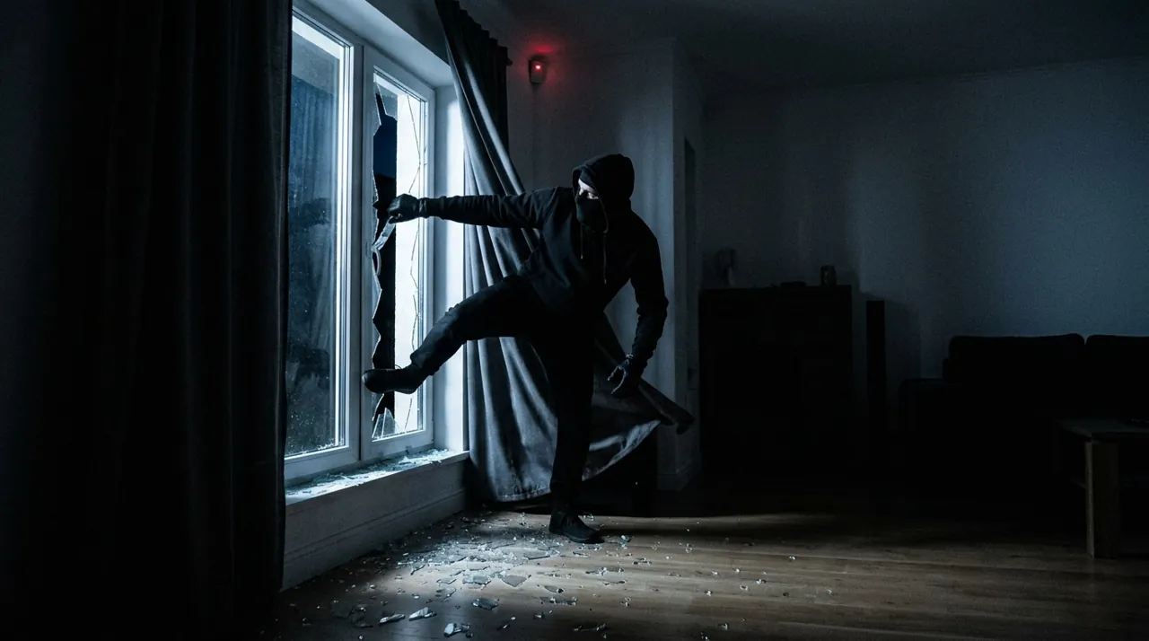 A burglar climbing through a window