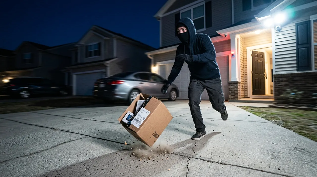 A burglar dropping a package on a driveway