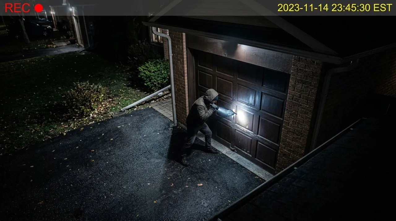 A burglar examining a garage door handle