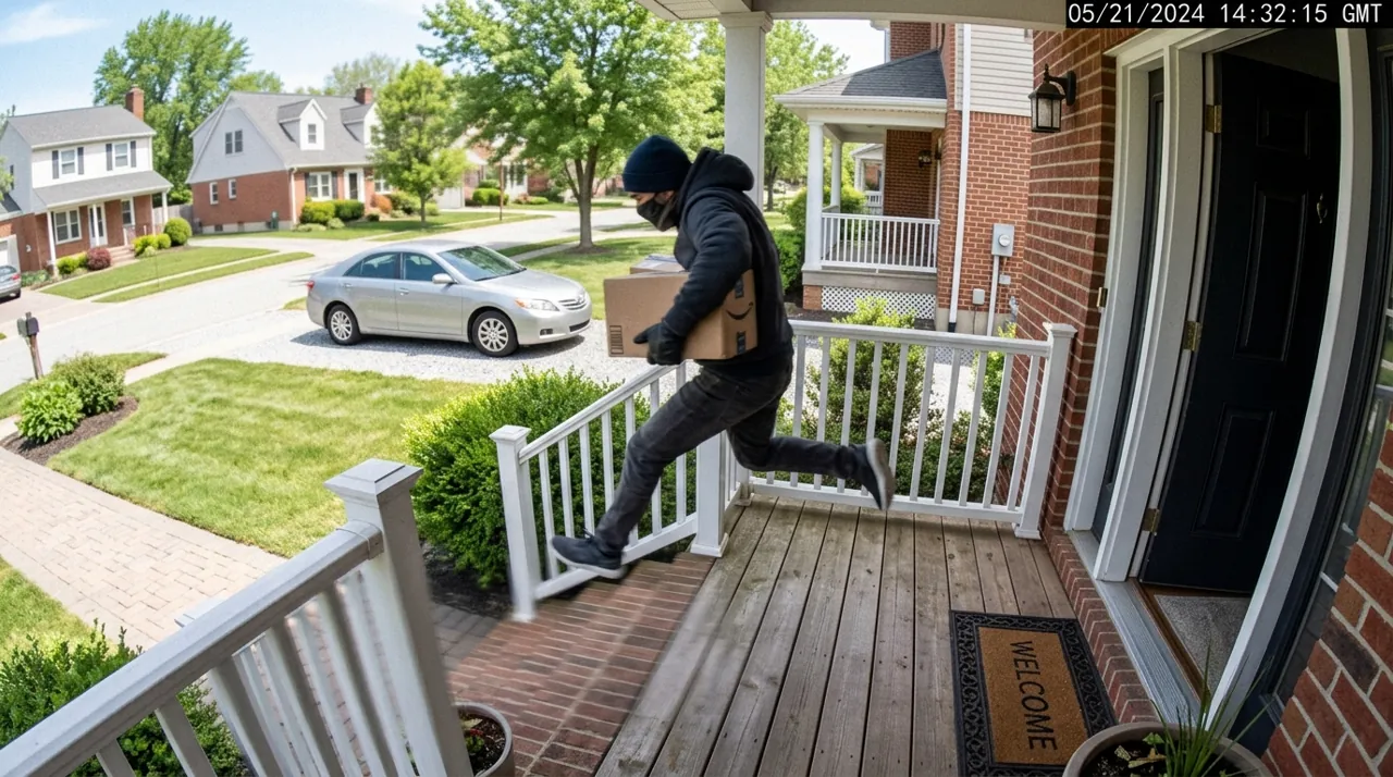 A burglar running down porch steps