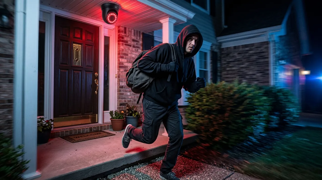 A burglar sprinting from a porch