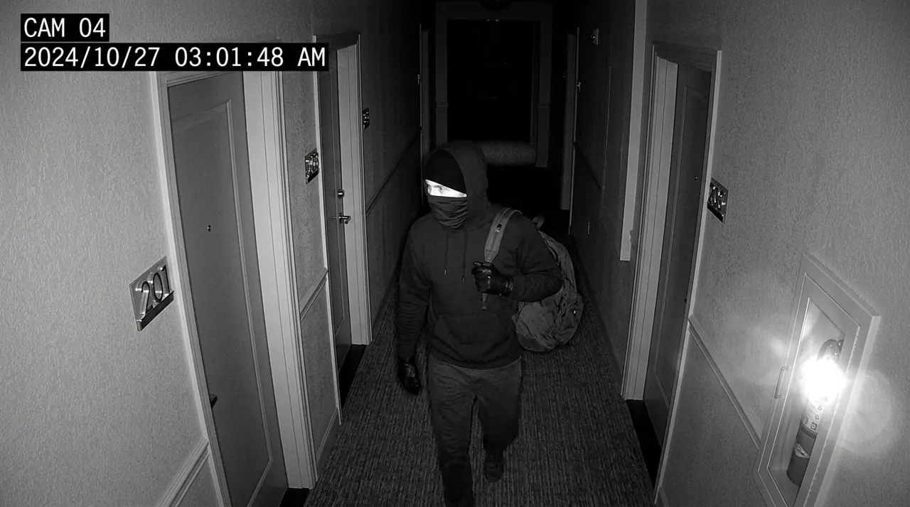 A burglar walking down a dark hallway