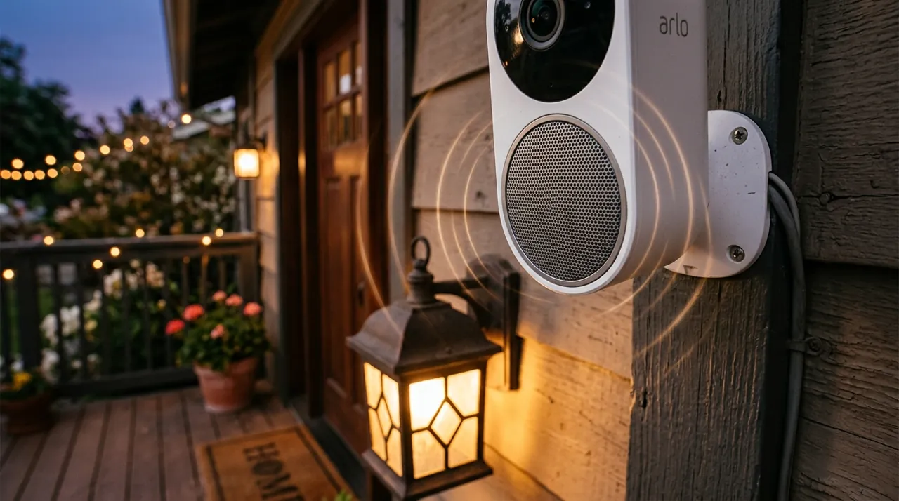 A camera speaker grill on a porch
