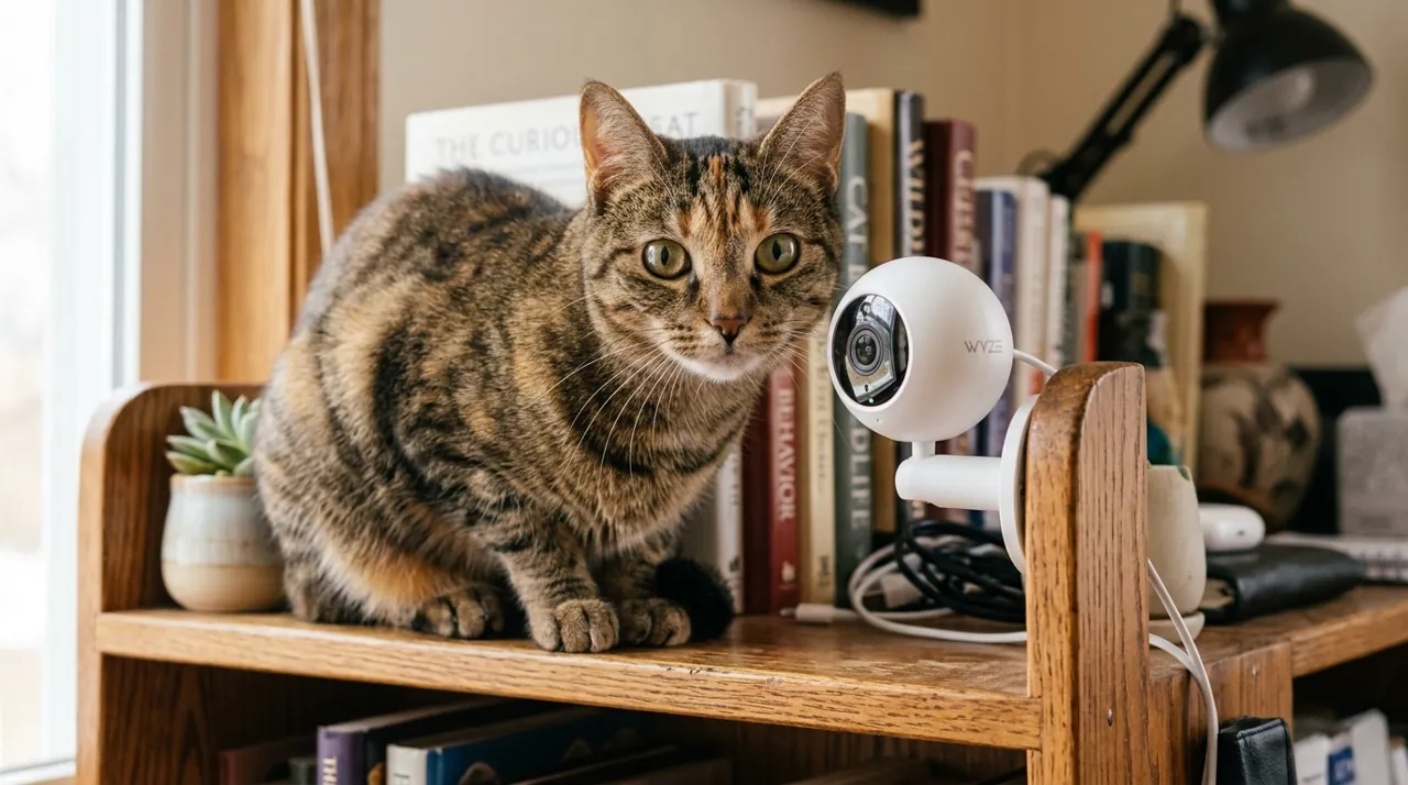 A cat looking at a security camera