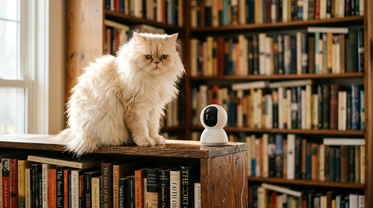 A cat perched on a bookshelf