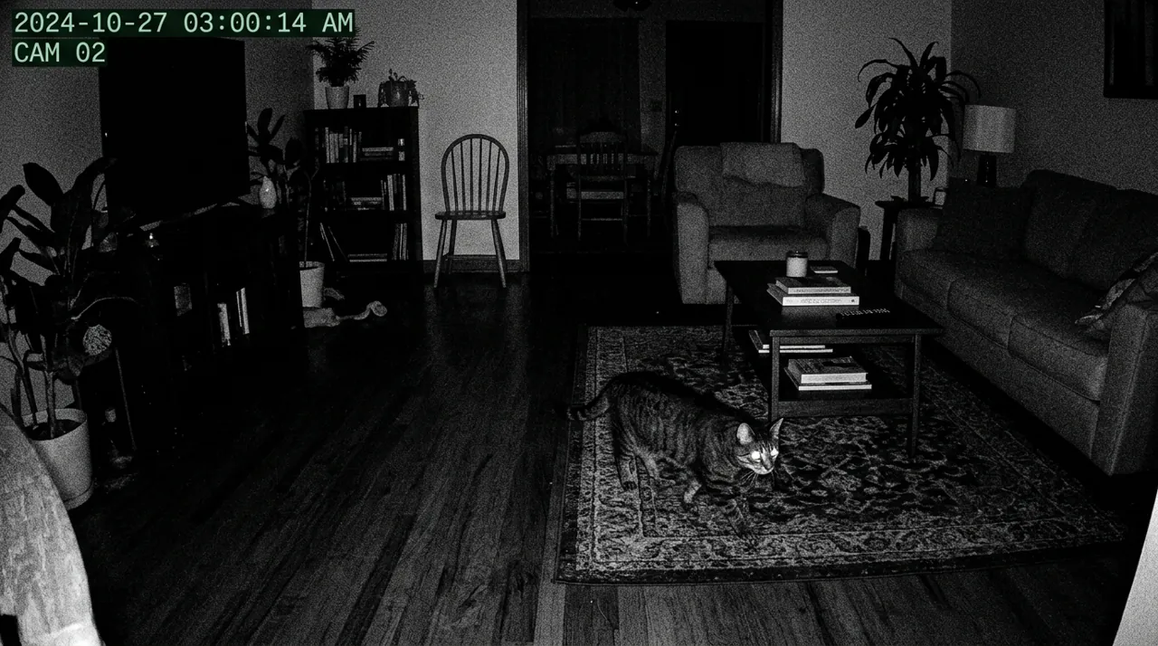 A cat prowling across a room floor