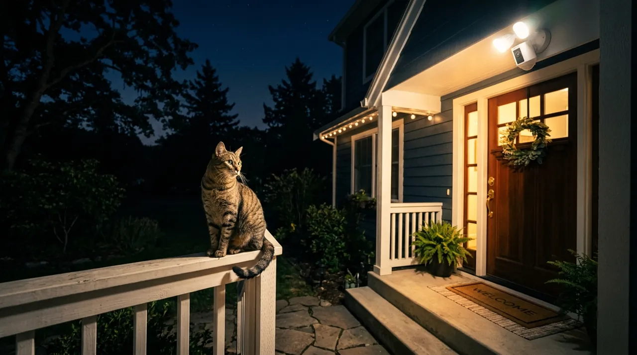A cat sitting on a porch railing