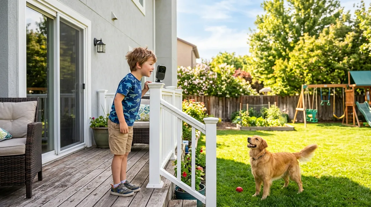 A child talking to a dog camera