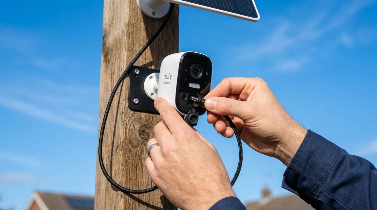 Connecting a solar panel cable to a security camera