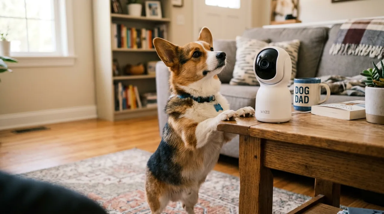 A corgi looking at an indoor camera