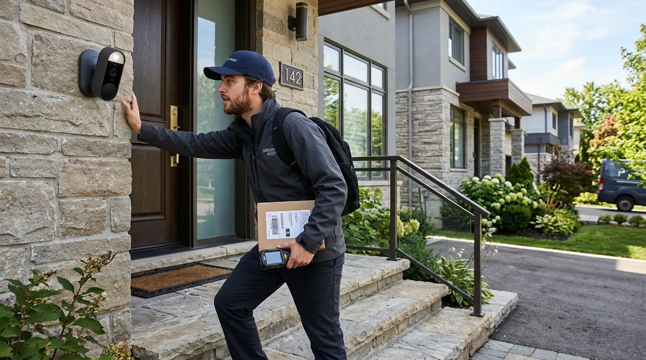 A courier conversing through a spotlight camera