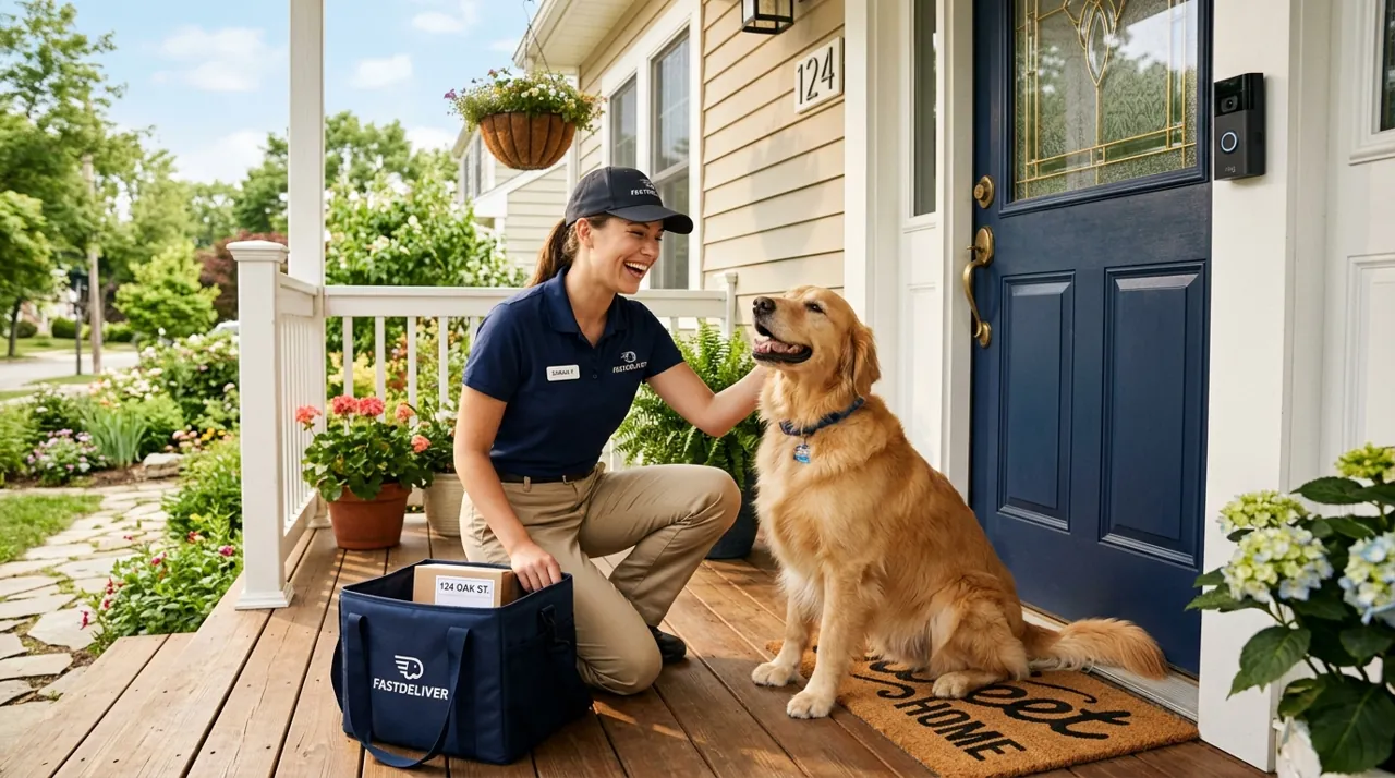 A courier petting a dog on a porch