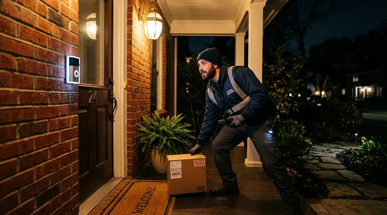 A courier placing a box at a door