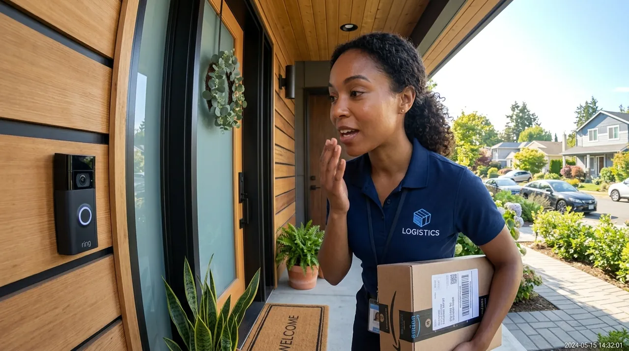 A courier speaking into a smart doorbell