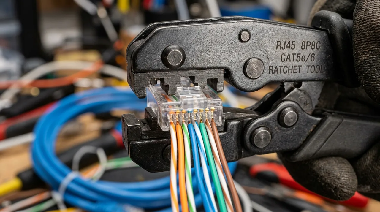 A crimping tool attaching an ethernet connector