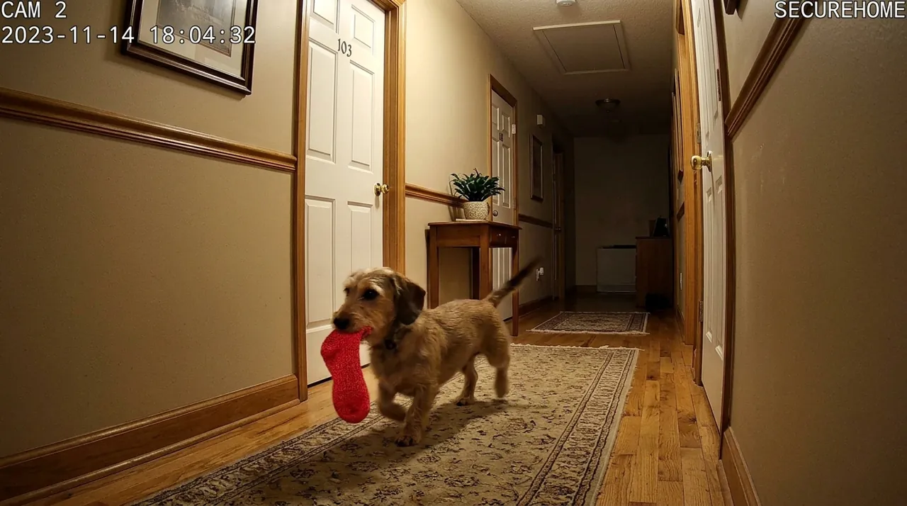 A dachshund holding a sock in a hallway