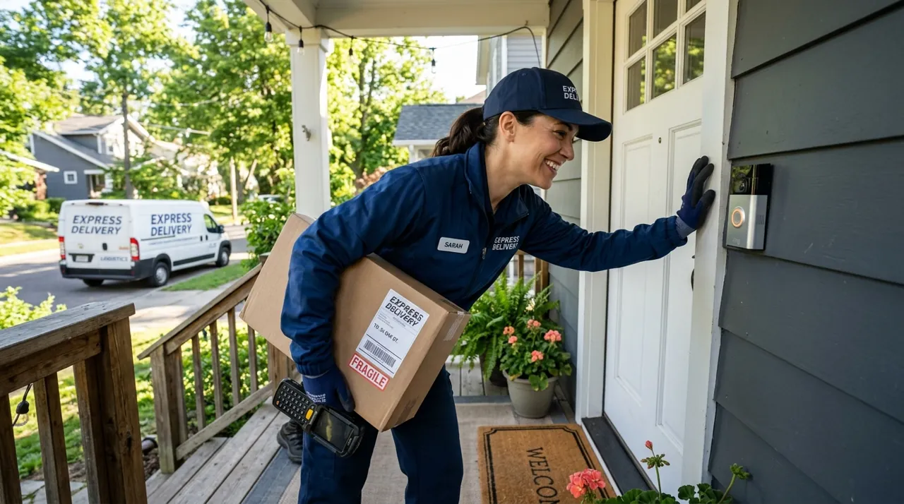 A delivery driver listening to a doorbell
