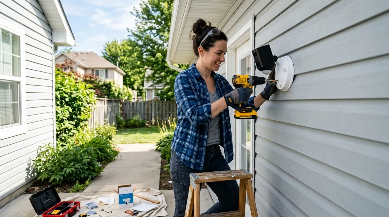 A DIYer installing a floodlight camera