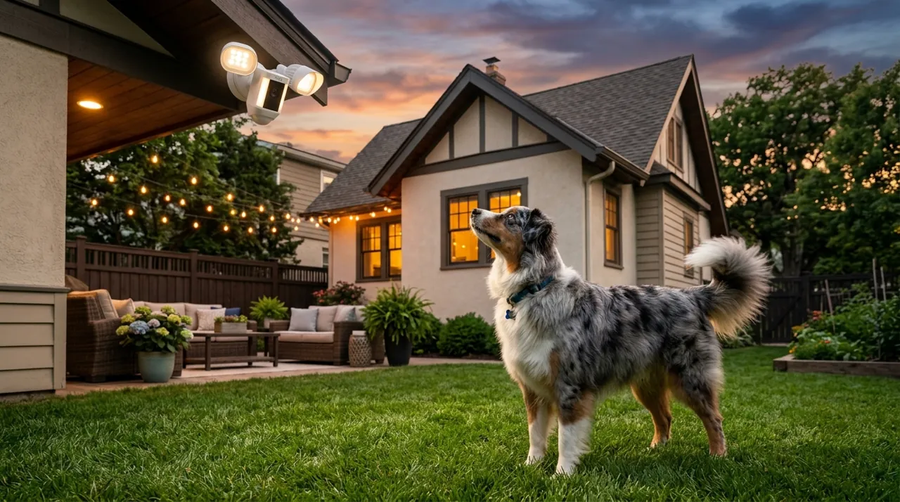 A dog looking at a security camera