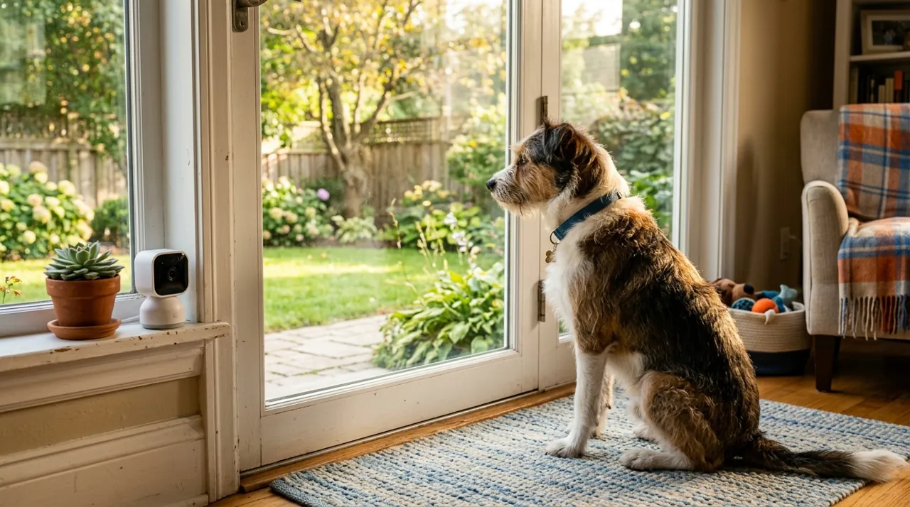 A dog looking out a glass door