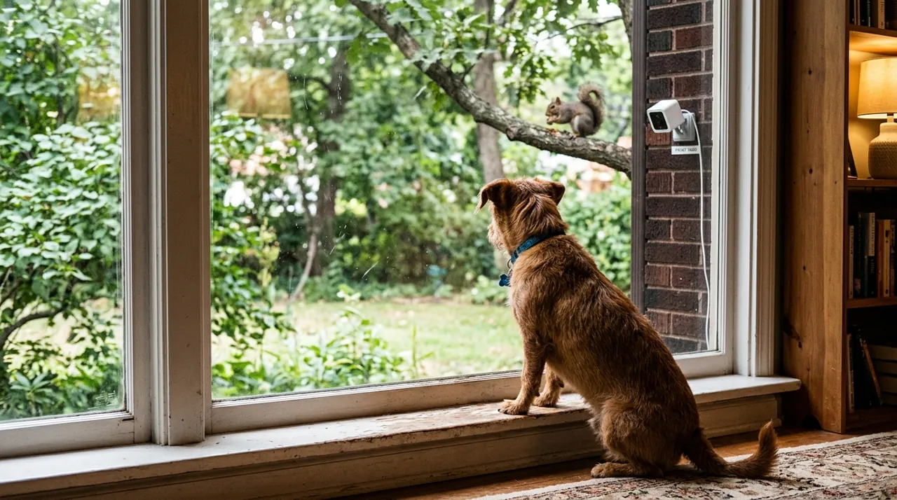 A dog watching a squirrel through a window