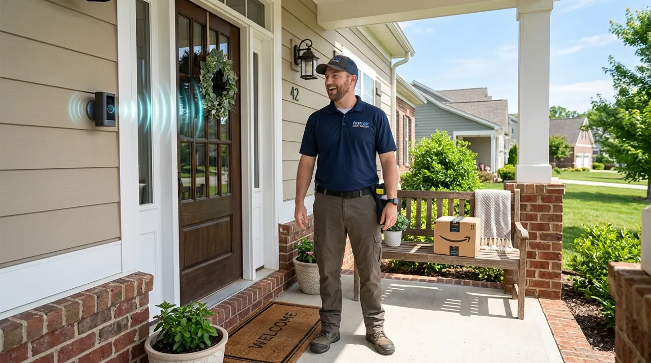 A driver pointing toward a porch bench