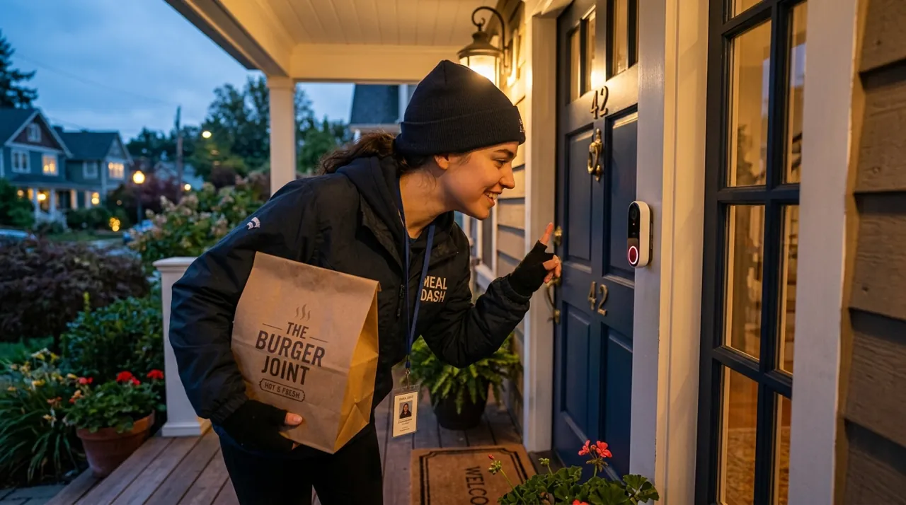A driver pressing a video doorbell button