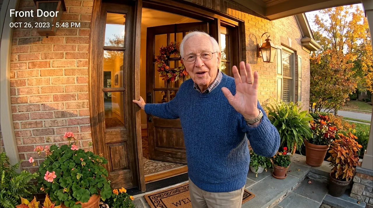 An elderly man waving at a doorbell