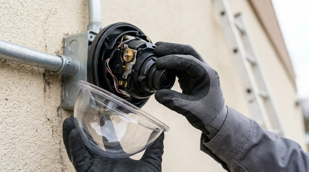 An electrician adjusting a camera lens