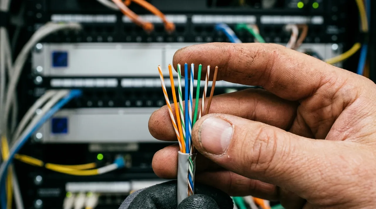 An electrician arranging ethernet wiring