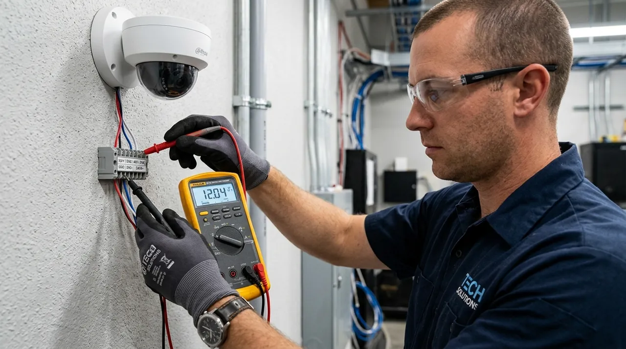 An electrician checking camera voltage