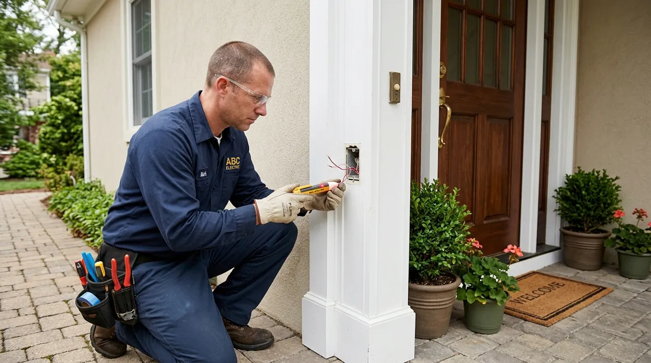 An electrician checking doorbell wires