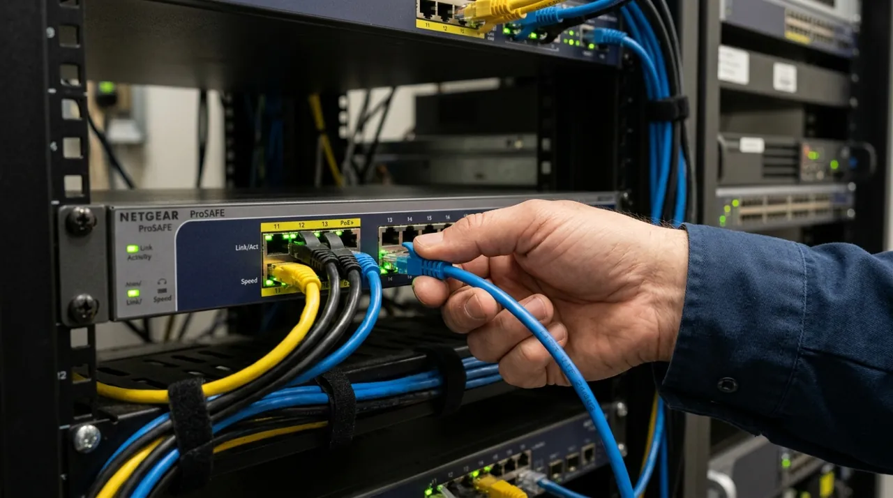 An electrician connecting a network switch