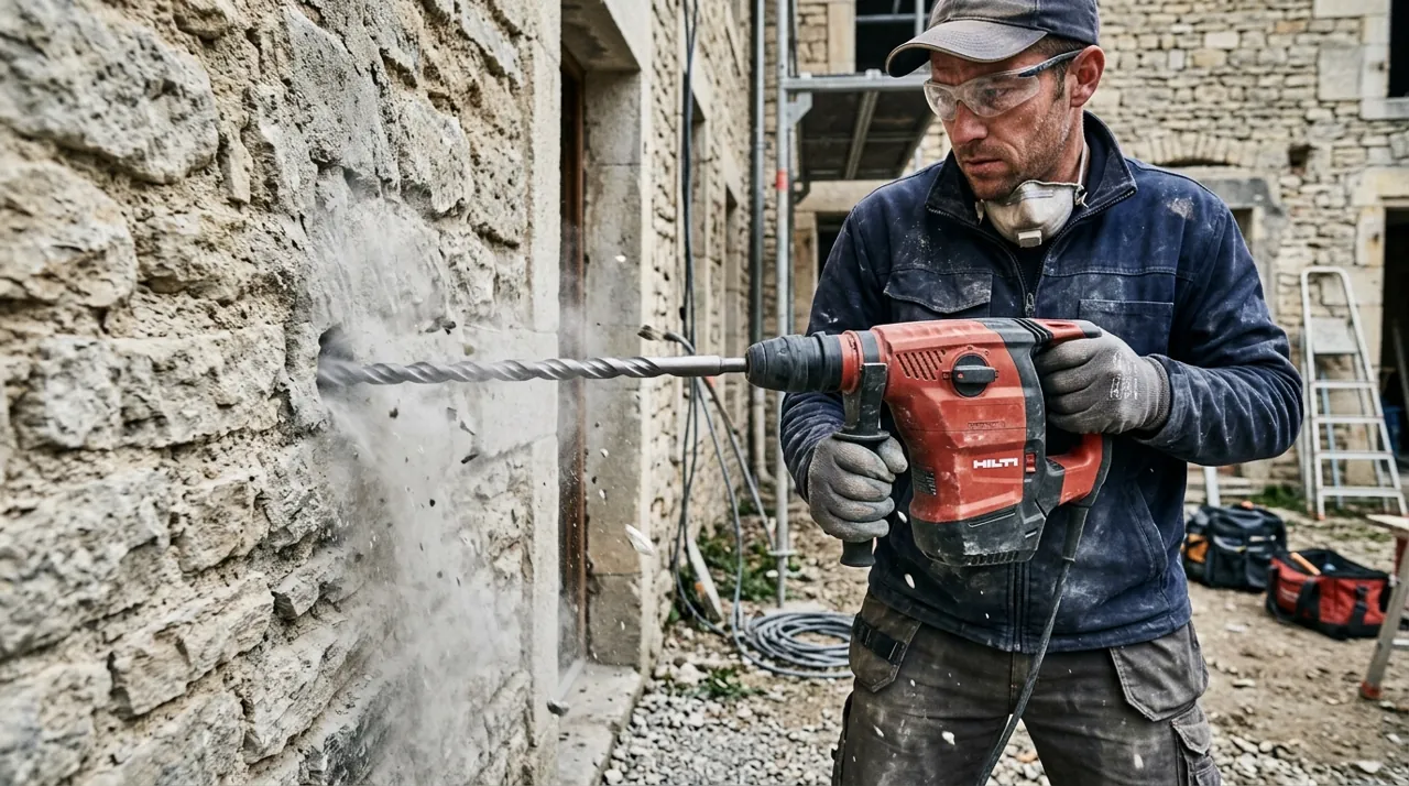 An electrician drilling a stone wall