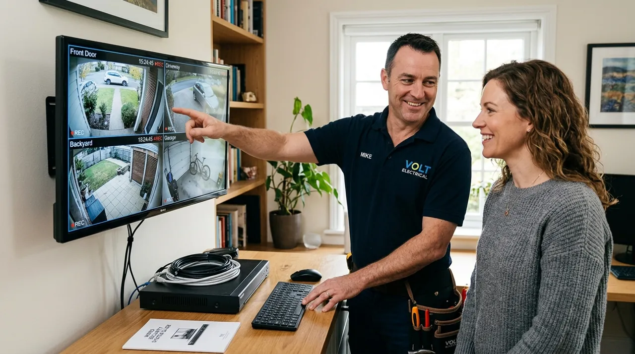 An electrician explaining a camera system