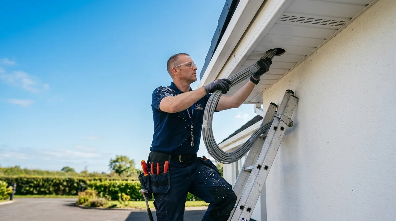 An electrician feeding a cable through a wall
