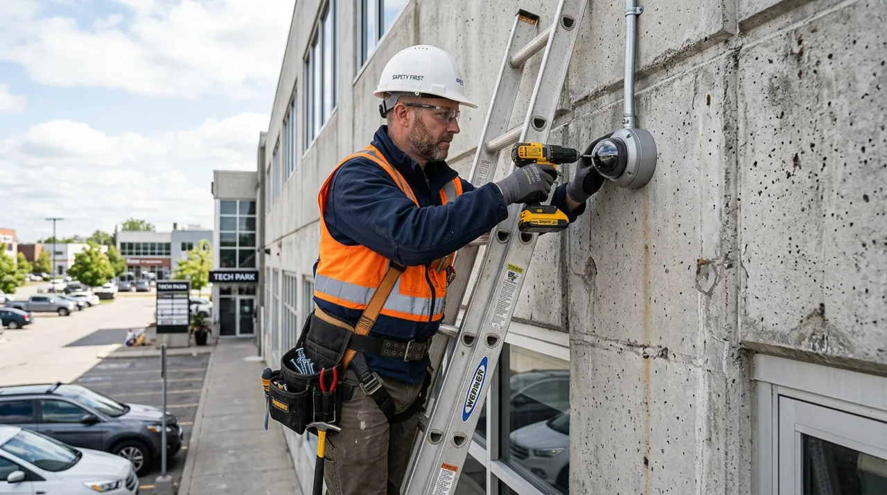 An electrician installing a security camera
