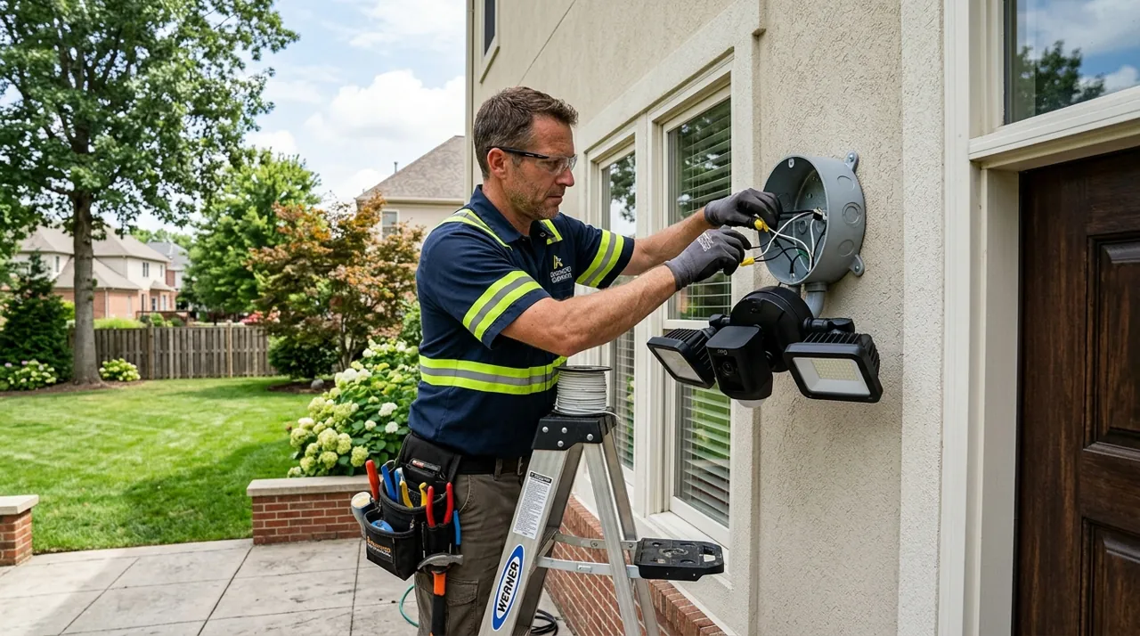 An electrician installing a security camera