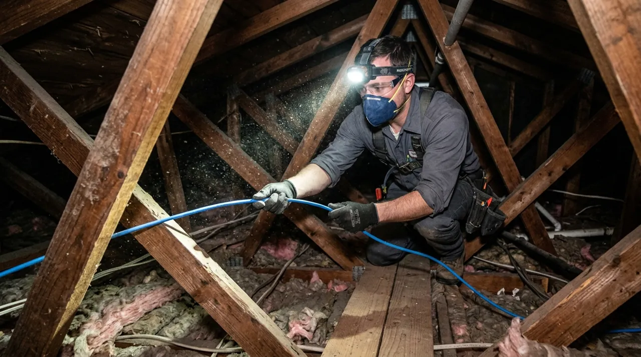 An electrician pulling cable in an attic