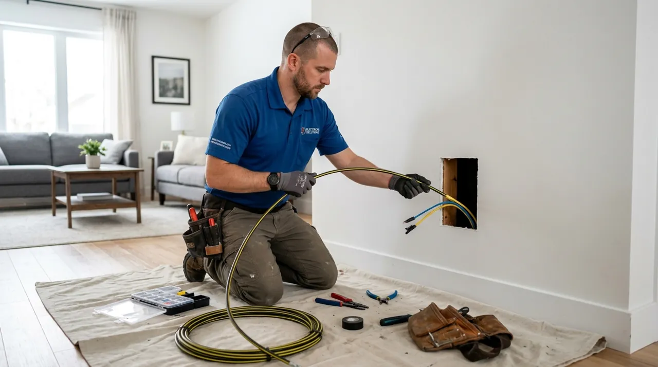 An electrician pulling wire through drywall