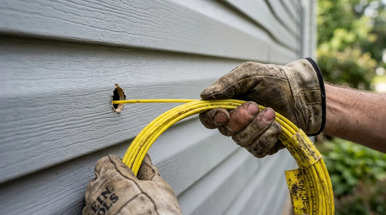 An electrician pulling wire through a wall