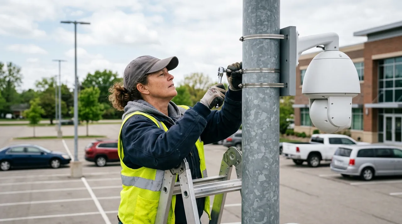 An electrician securing a camera mount
