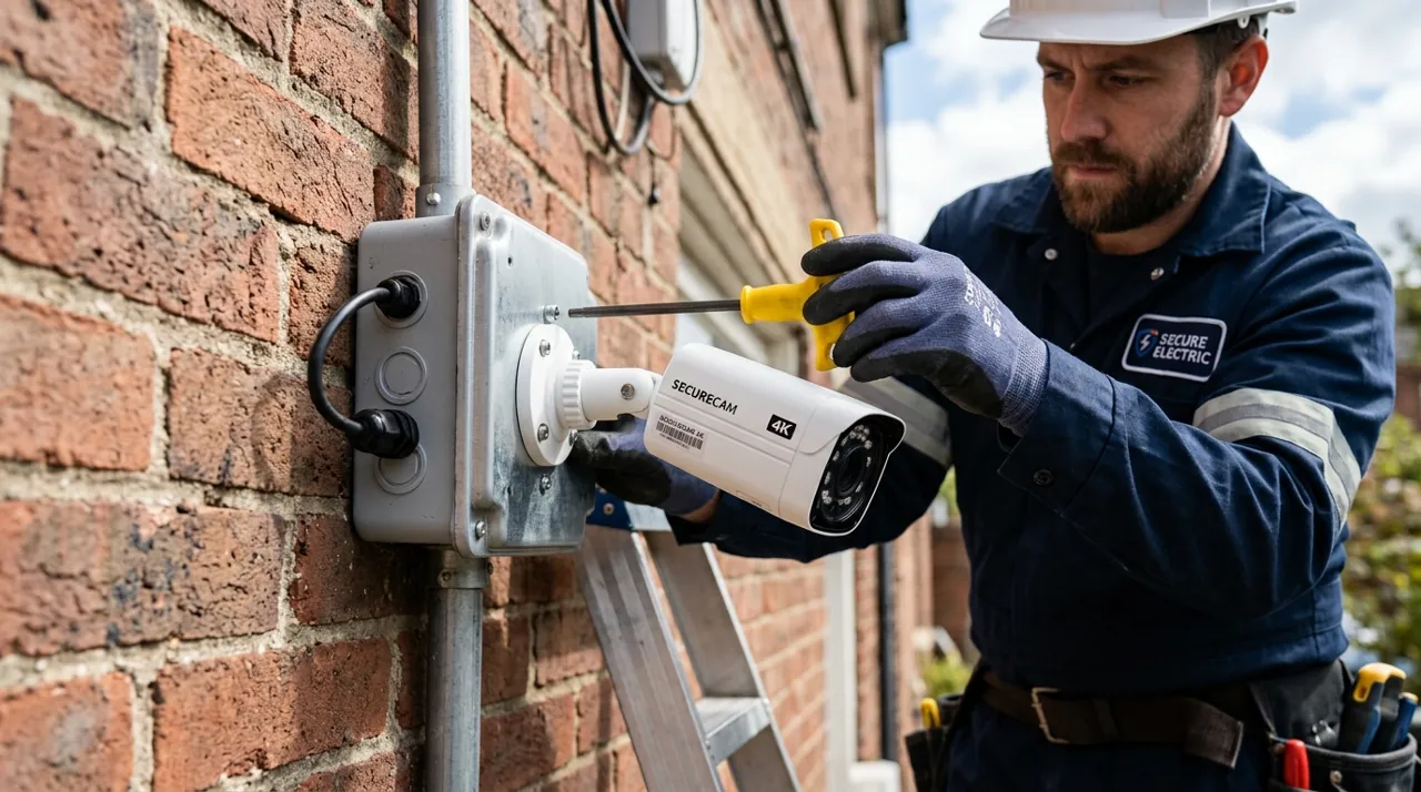 An electrician securing an outdoor security camera
