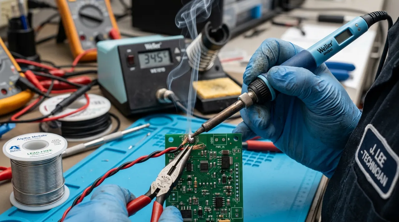 An electrician soldering wires